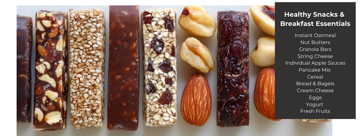 The image shares a list of foods on the topic- Healthy snacks and Breakfast foods.